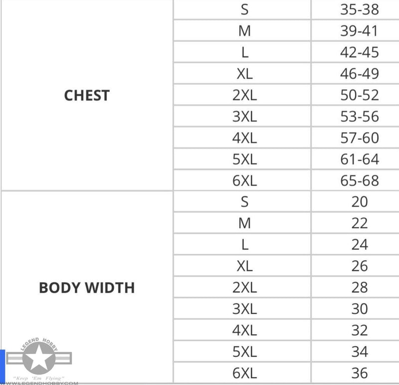 size chart for chest measurement and body width