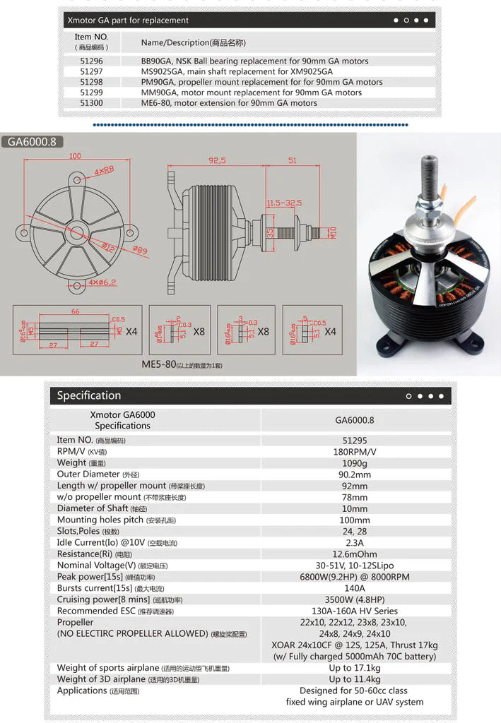 chart outlining the specs and details of DUALSKY Xmotor GA6000.8S Single Motor Shaft 180 KV 28-Pin To 6800W (55-60ccm)