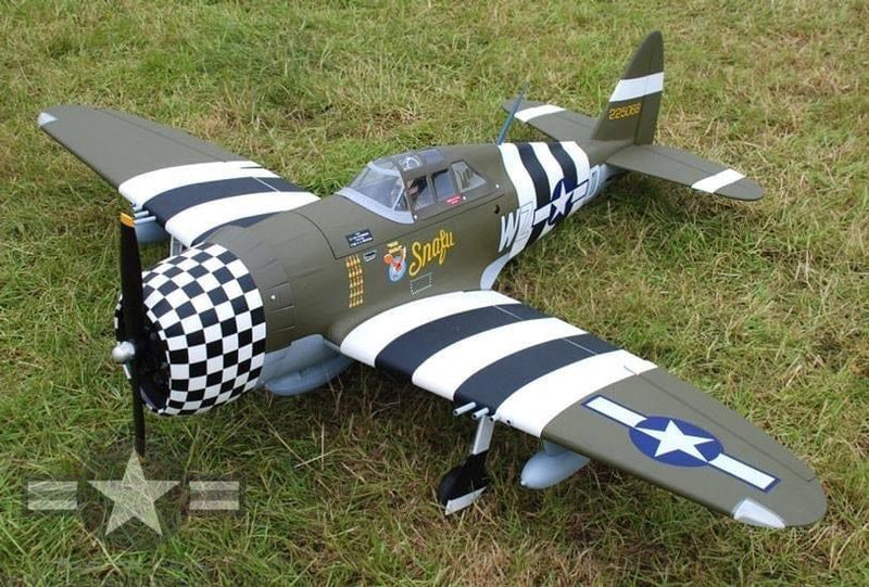 alternate view of 63" P-47G Thunderbolt Snafu 15cc parked in the grass