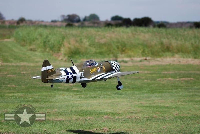 63" P-47G Thunderbolt Snafu 15cc getting ready to land on a grass runway