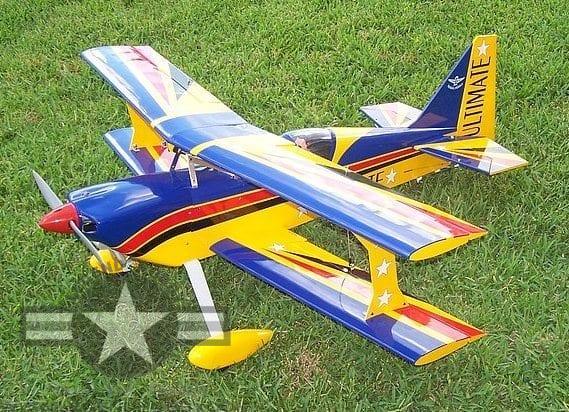 side view of the yellow, blue, and red Ultimate Biplane .90-120
