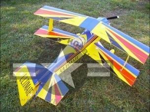 Ultimate Biplane .90-120 with a red, yellow, and blue stripe paint job
